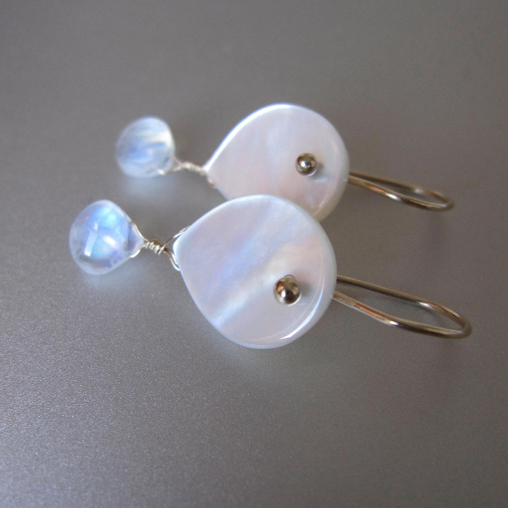 mother of pearl drops with rainbow moonstone dangles solid 14k gold earrings