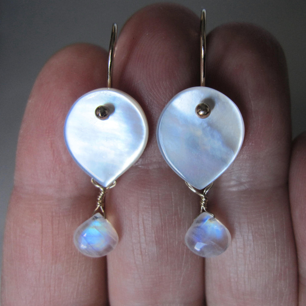mother of pearl drops with rainbow moonstone dangles solid 14k gold earrings5