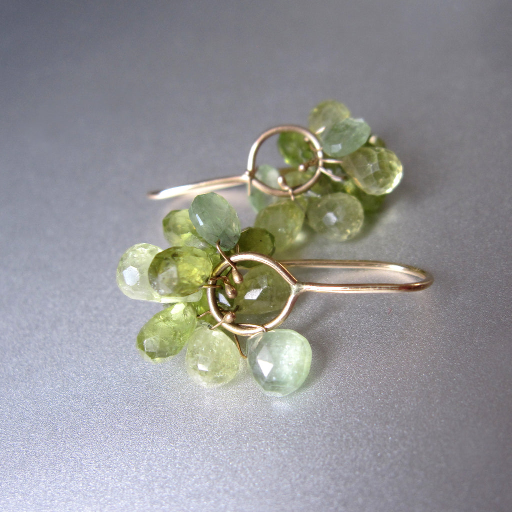 green garnet and kyanite clusters solid 14k gold earrings