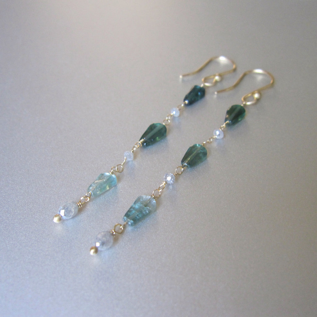 green tourmaline and diamond bead long swinging solid 18k gold earrings2