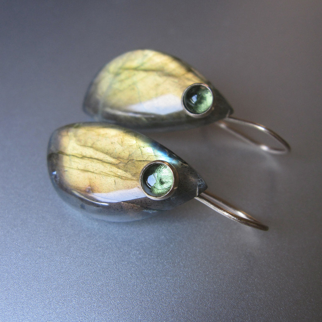 golden green labradorite and tourmaline cabocohon solid 14k gold earrings2