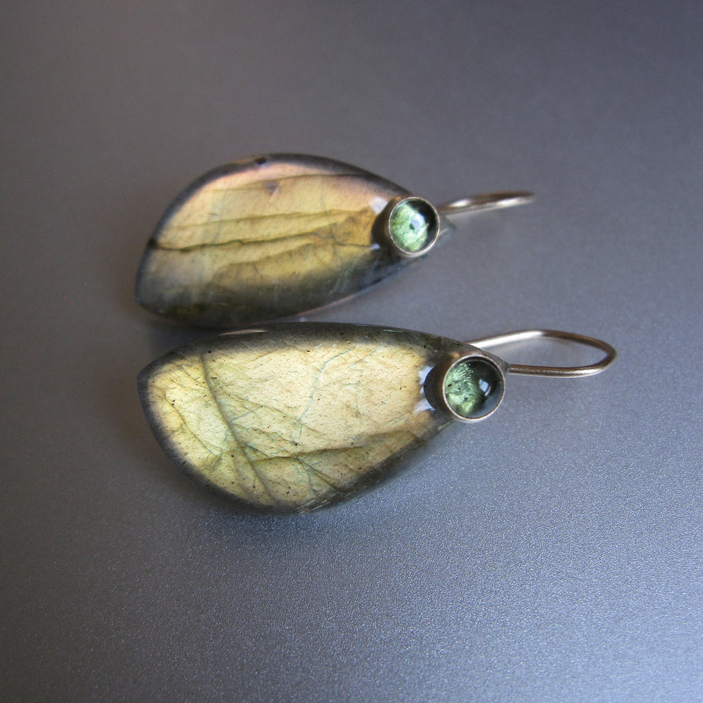 golden green labradorite and tourmaline cabocohon solid 14k gold earrings3
