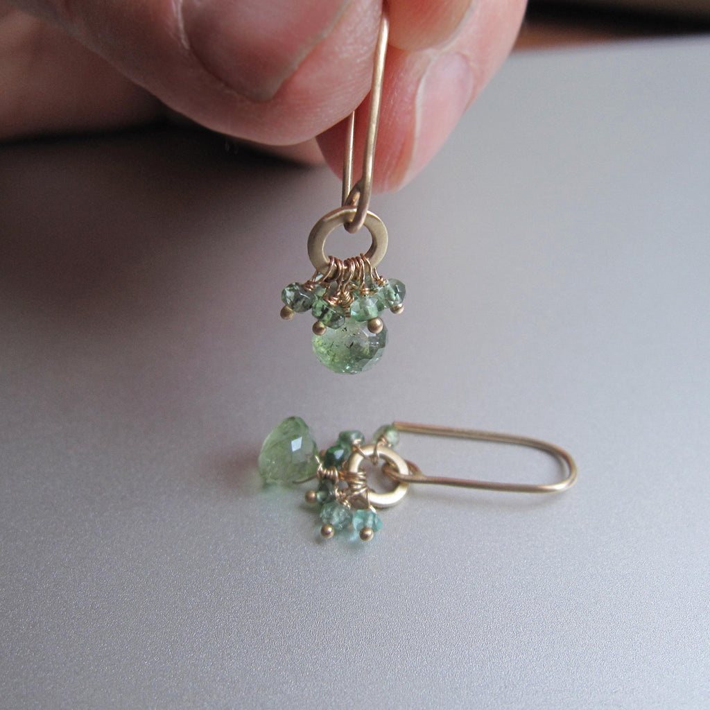green tourmaline clusters on loops solid 14k gold earrings2