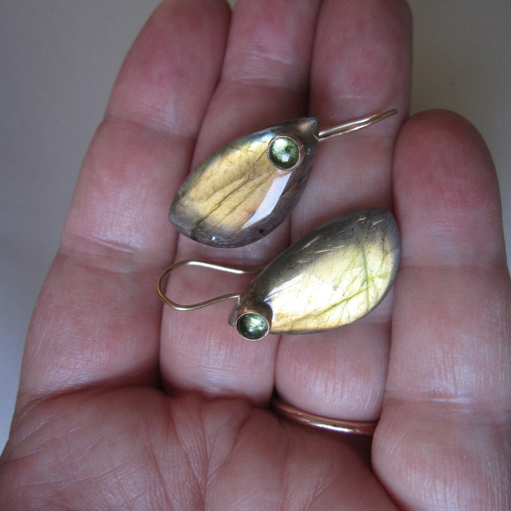 golden green labradorite and tourmaline cabocohon solid 14k gold earrings6
