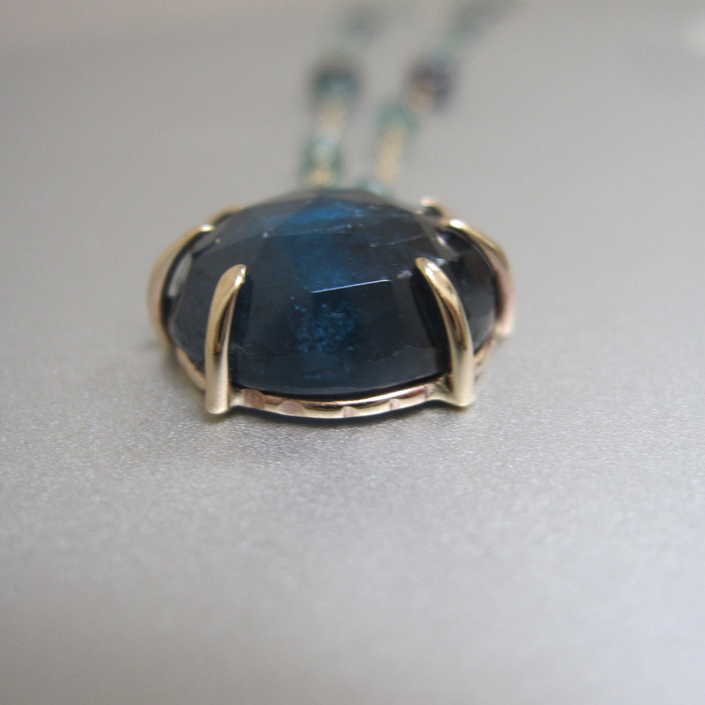 Rose Cut Kyanite Prong Set Cabochon and Indicolite Tourmaline Solid 14k Gold Necklace9