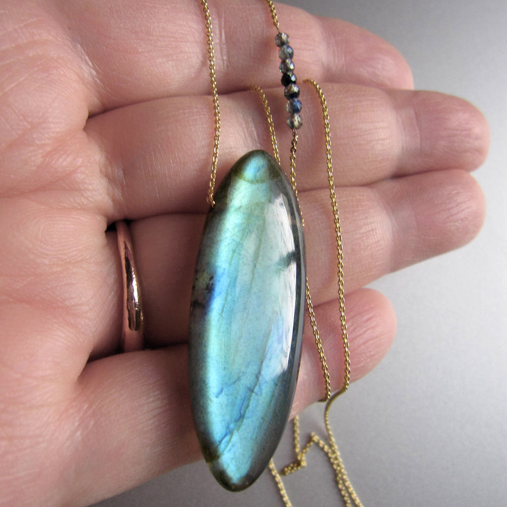 Labradorite Long Oval Drop, Green Sapphire Accents, Solid 14k Gold Necklace