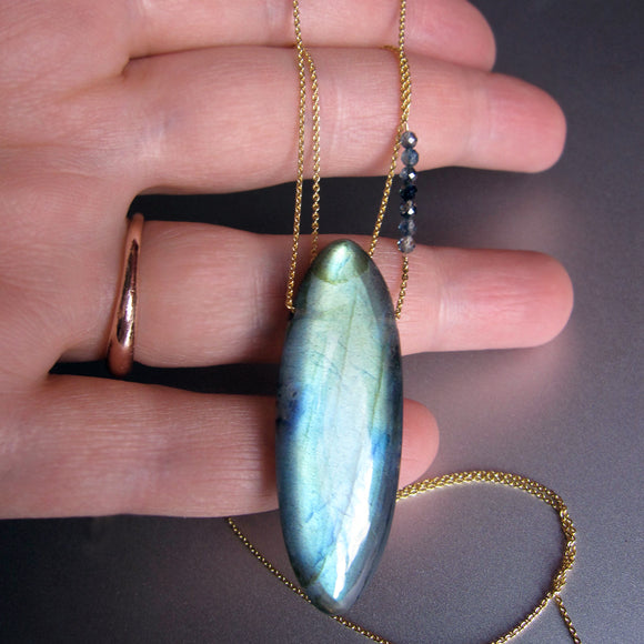 Labradorite Long Oval Drop, Green Sapphire Accents, Solid 14k Gold Necklace