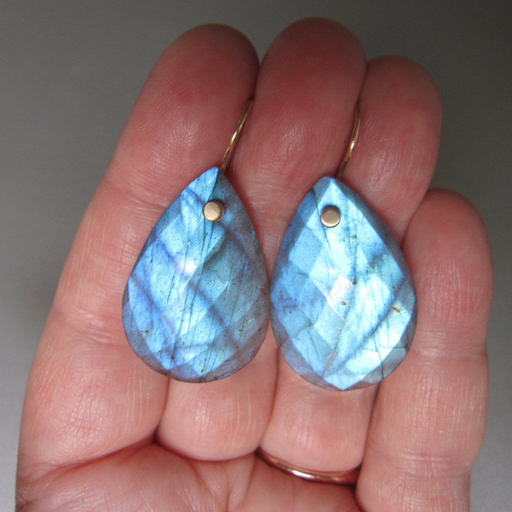 large aqua blue labradorite faceted drops solid 14k gold earrings