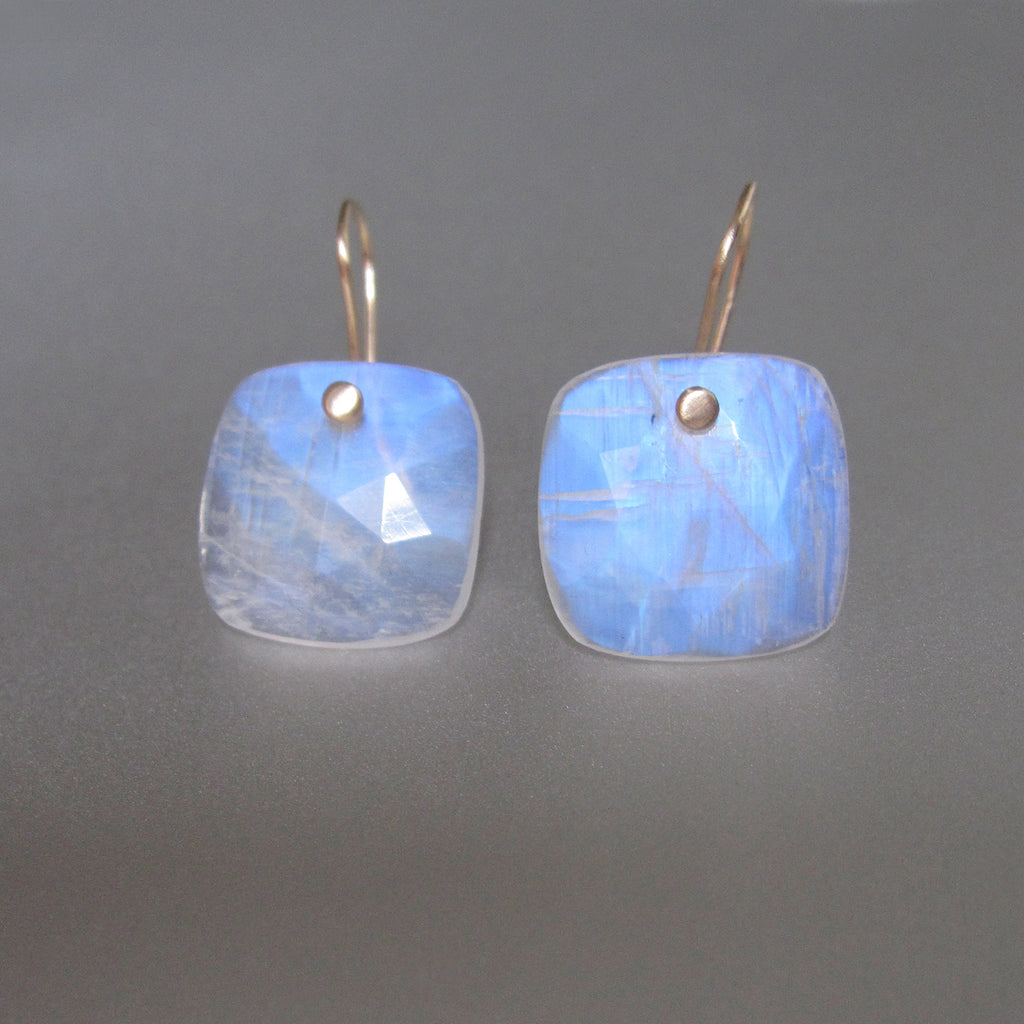 blue moonstone rose cut square slice solid 14k gold earrings