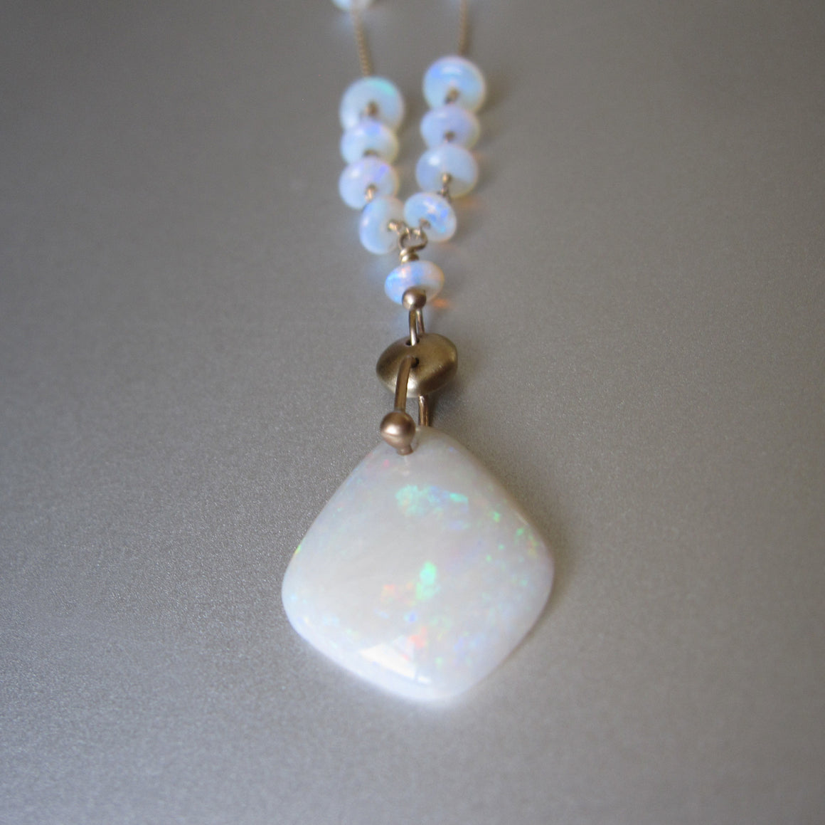 white australian fire opal solid 14k gold necklace