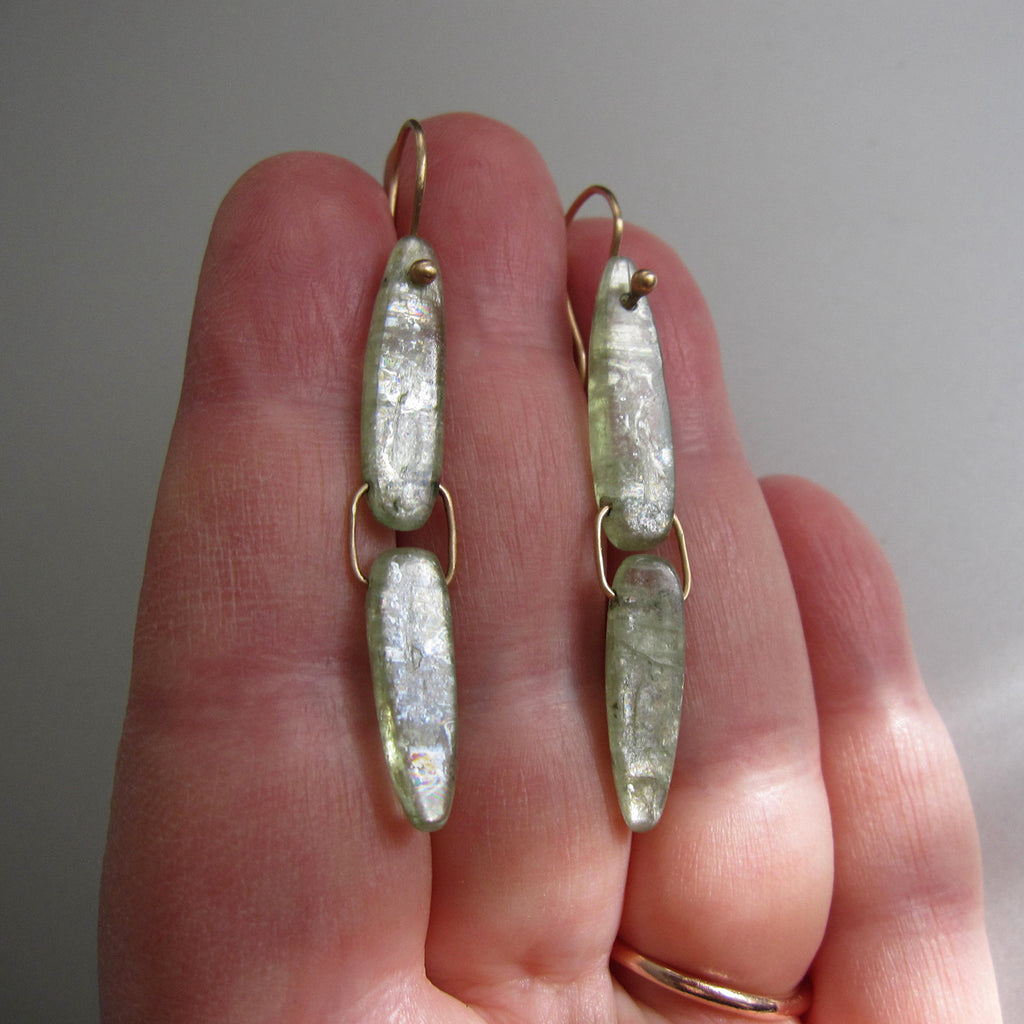 light green kyanite long double hinged drops solid 14k gold earrings