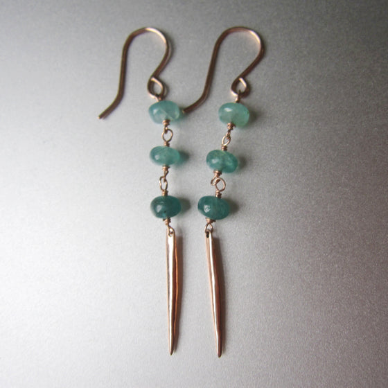three stone green grandidierite and solid 14k rose gold spike earrings