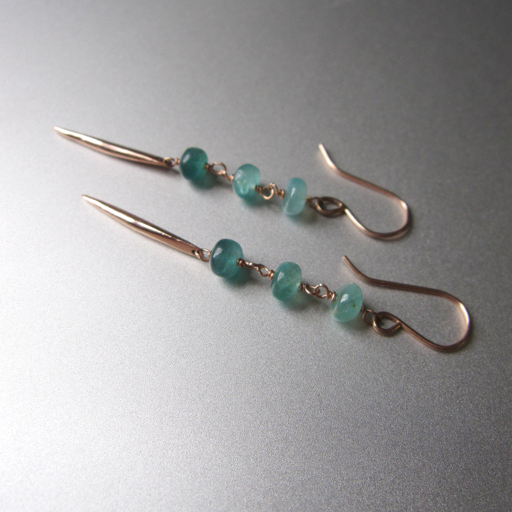 three stone green grandidierite and solid 14k rose gold spike earrings3