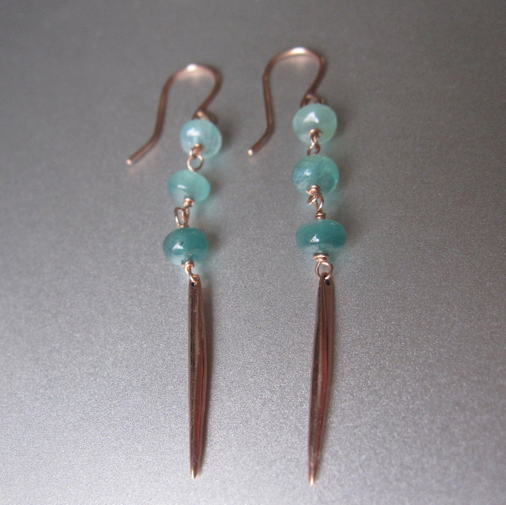 three stone green grandidierite and solid 14k rose gold spike earrings4