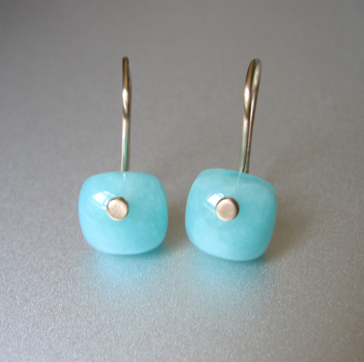 small blue amazonite cushion drops solid 14k gold earrings