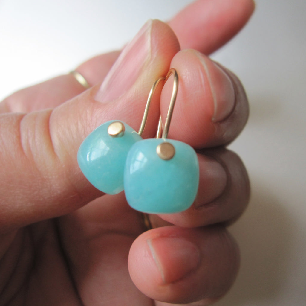 small blue amazonite cushion drops solid 14k gold earrings6