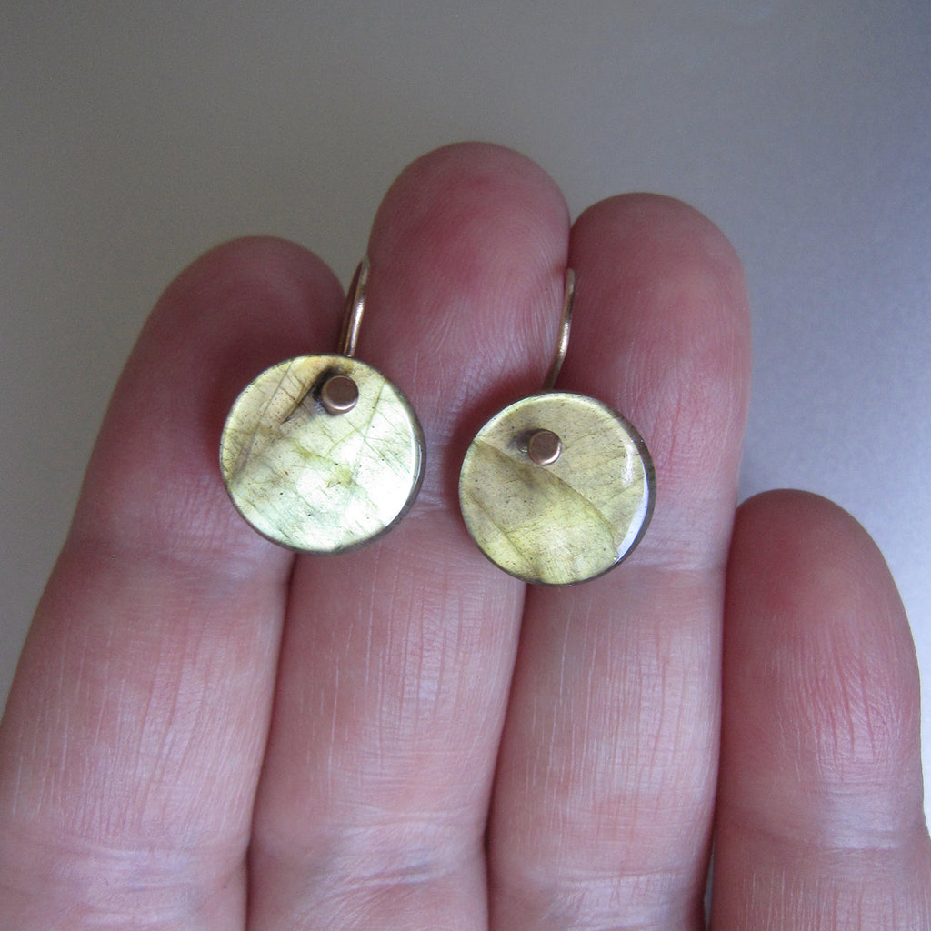 light green labradorite discs solid 14k gold earrings