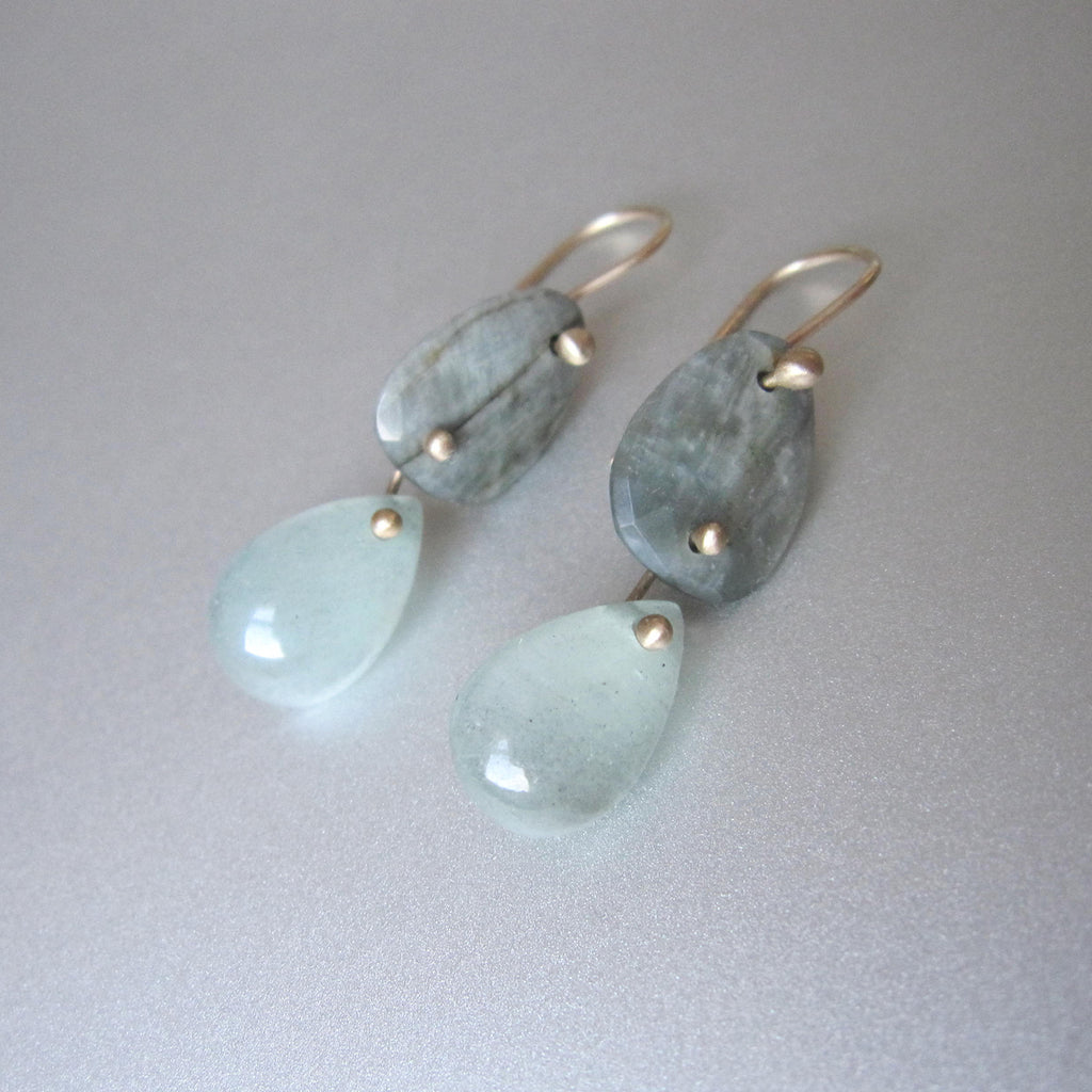 gray green cats eye quartz and aquamarine double drops solid 14k gold earrings4
