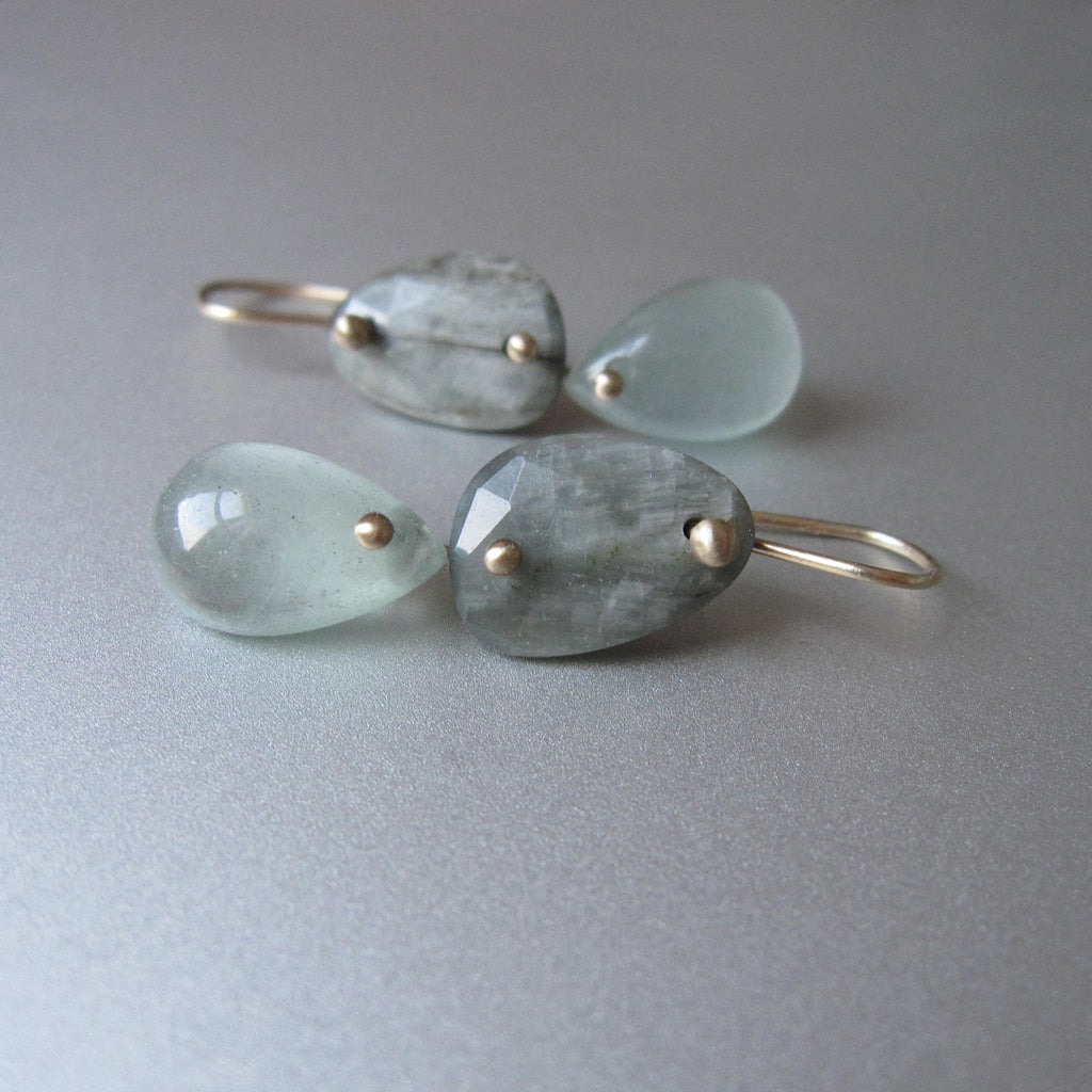 gray green cats eye quartz and aquamarine double drops solid 14k gold earrings2