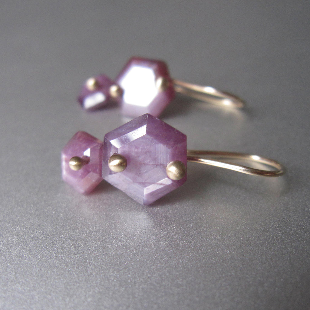 hexagonal pink ruby slice double drops solid 14k gold earrings5