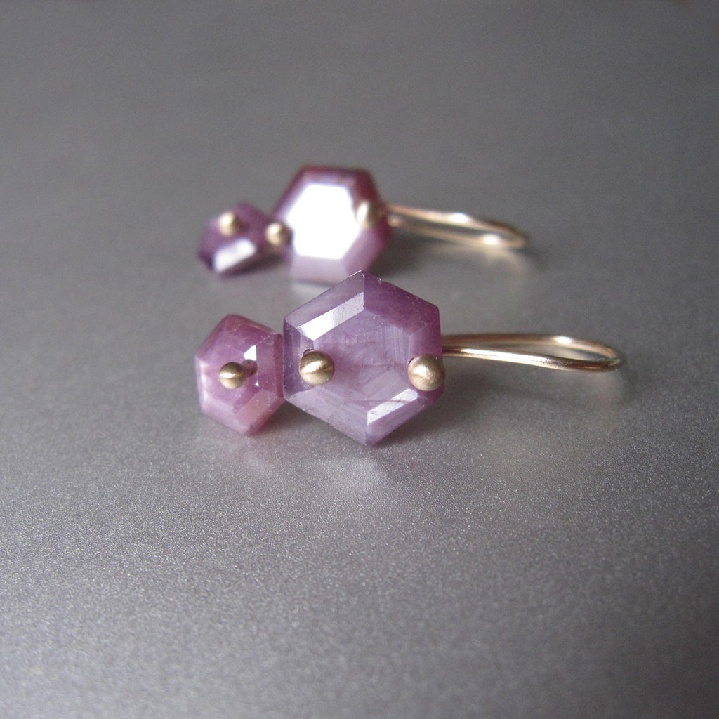hexagonal pink ruby slice double drops solid 14k gold earrings4