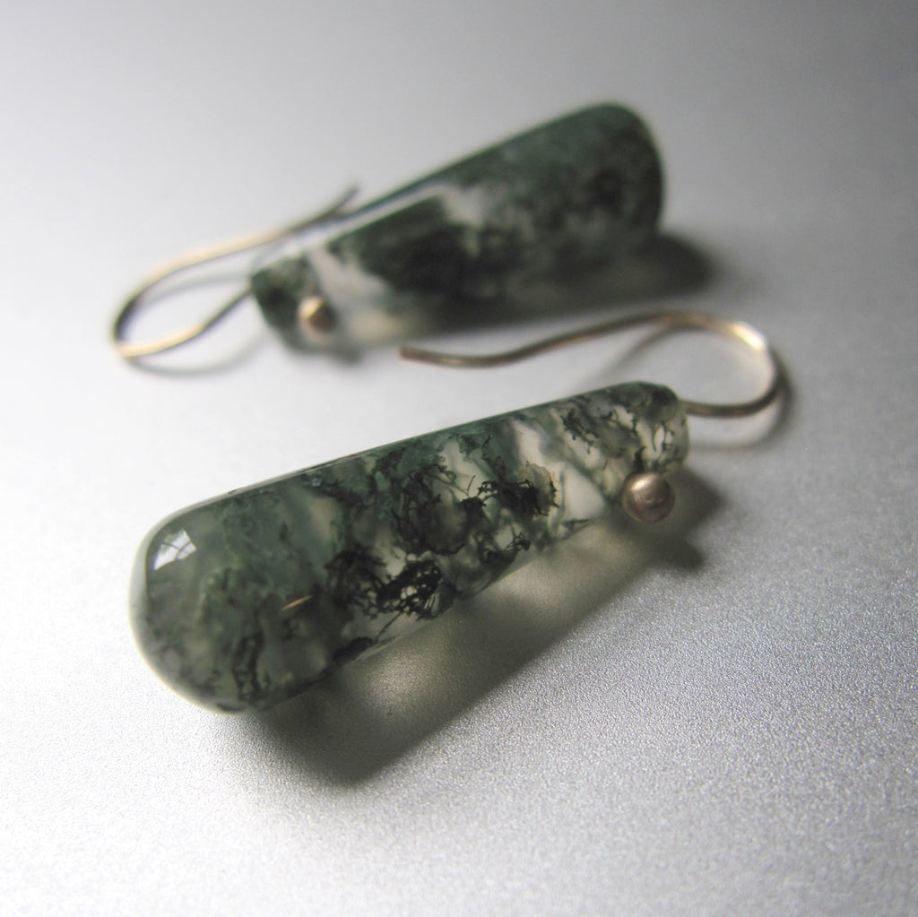 green moss agate tube drops solid 14k old earrings