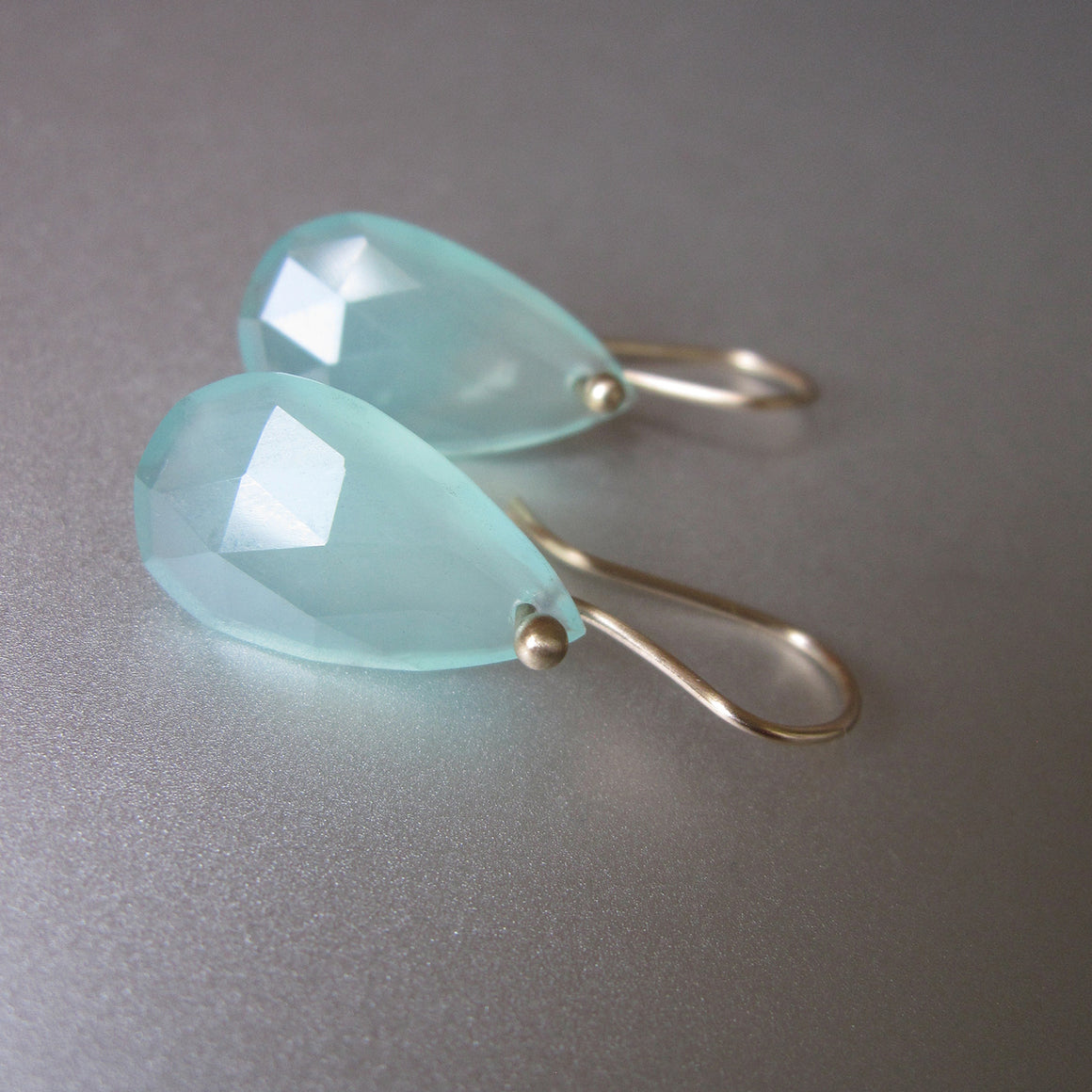 natural aqua chrysoprase faceted drops solid 14k gold earrings