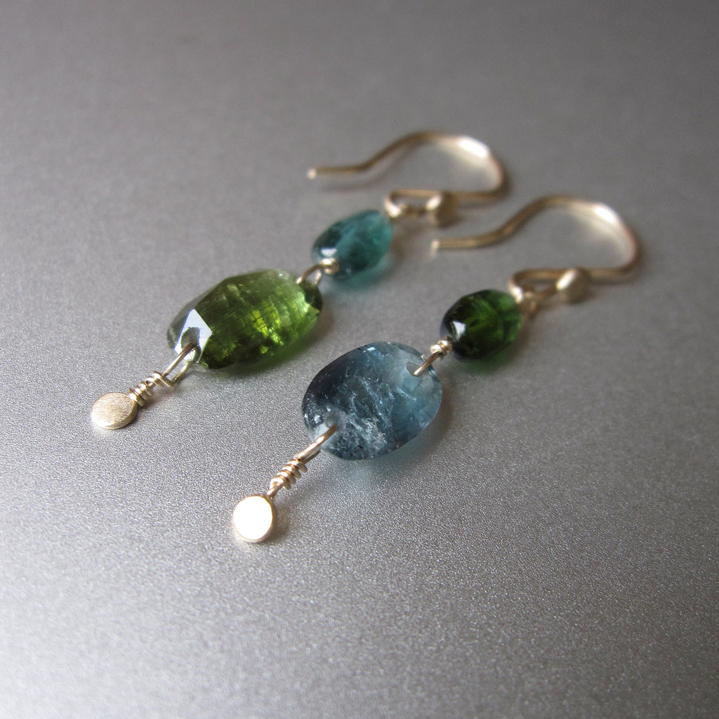blue and green mismatched rose cut tourmaline gold disc dangle solid 14k gold earrings6