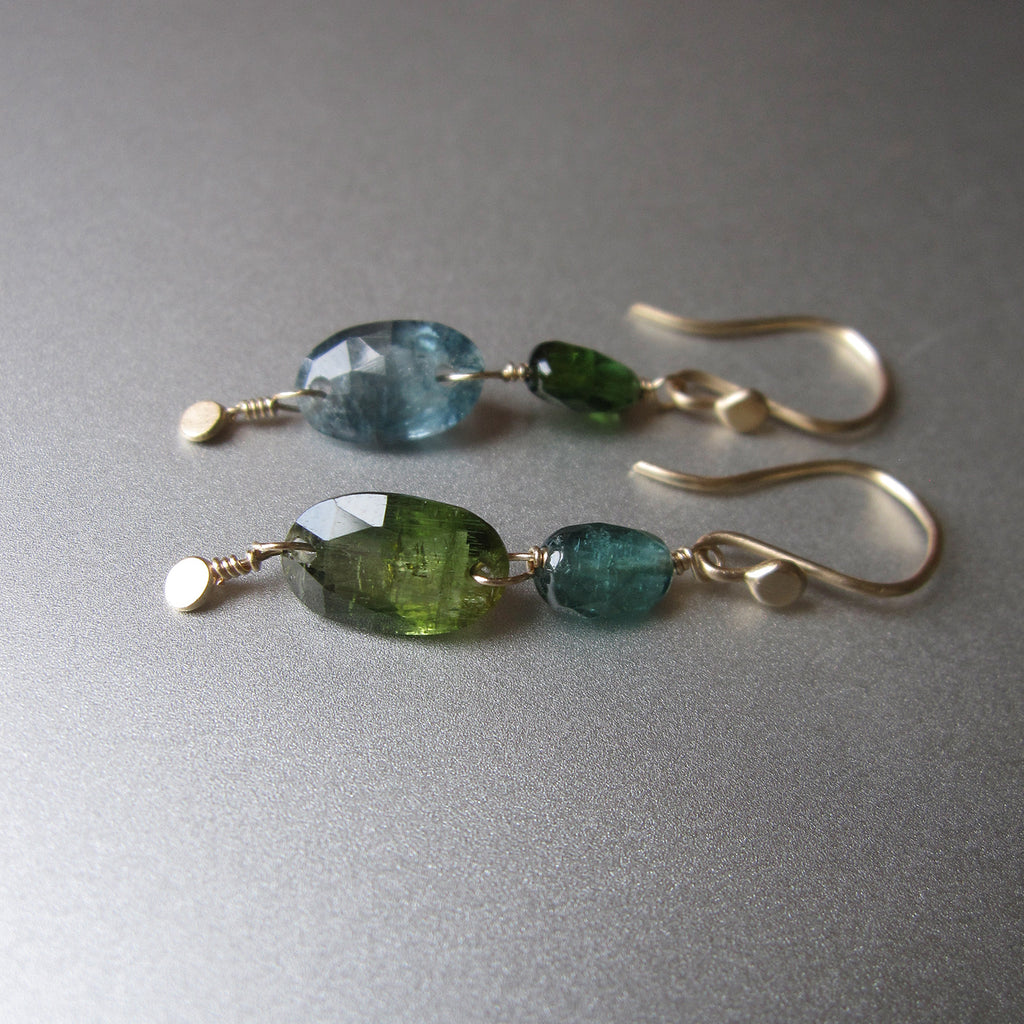 blue and green mismatched rose cut tourmaline gold disc dangle solid 14k gold earrings4