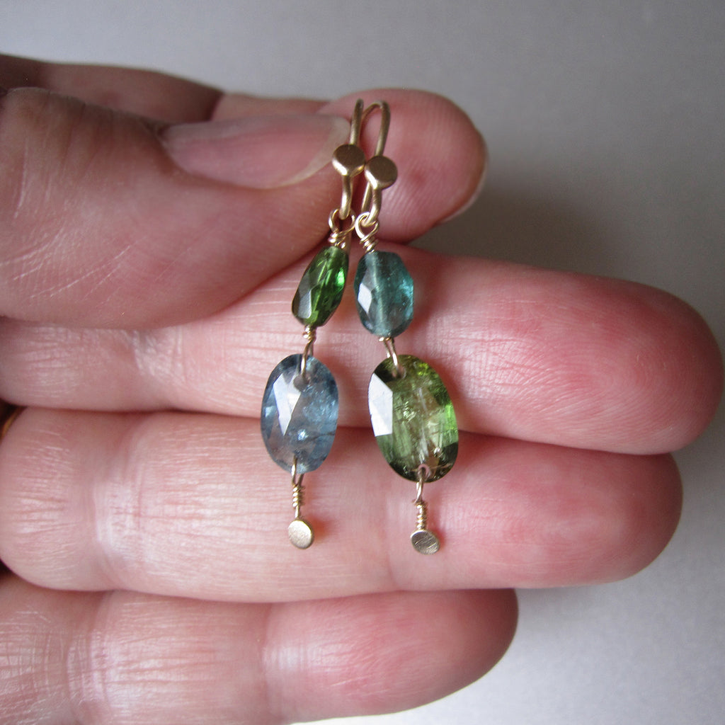 blue and green mismatched rose cut tourmaline gold disc dangle solid 14k gold earrings2