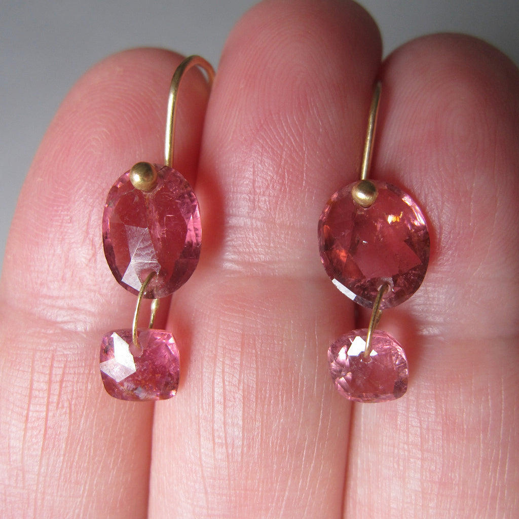 faceted pink tourmalin double drop solid 18k gold earrings