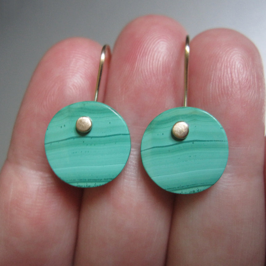 bright green malachite disc drops solid 14k gold earrings5