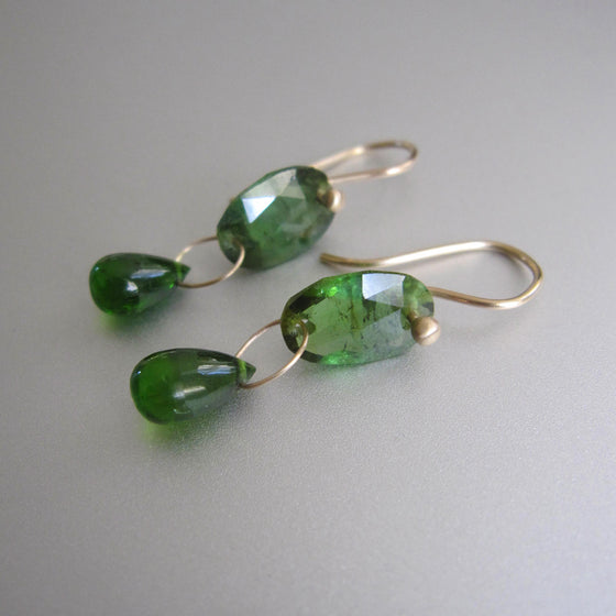 chrome green tourmaline and diopside double drops solid 14k gold earrings