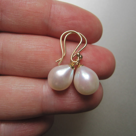 white freshwater pearl drops capped solid 14k gold earrings