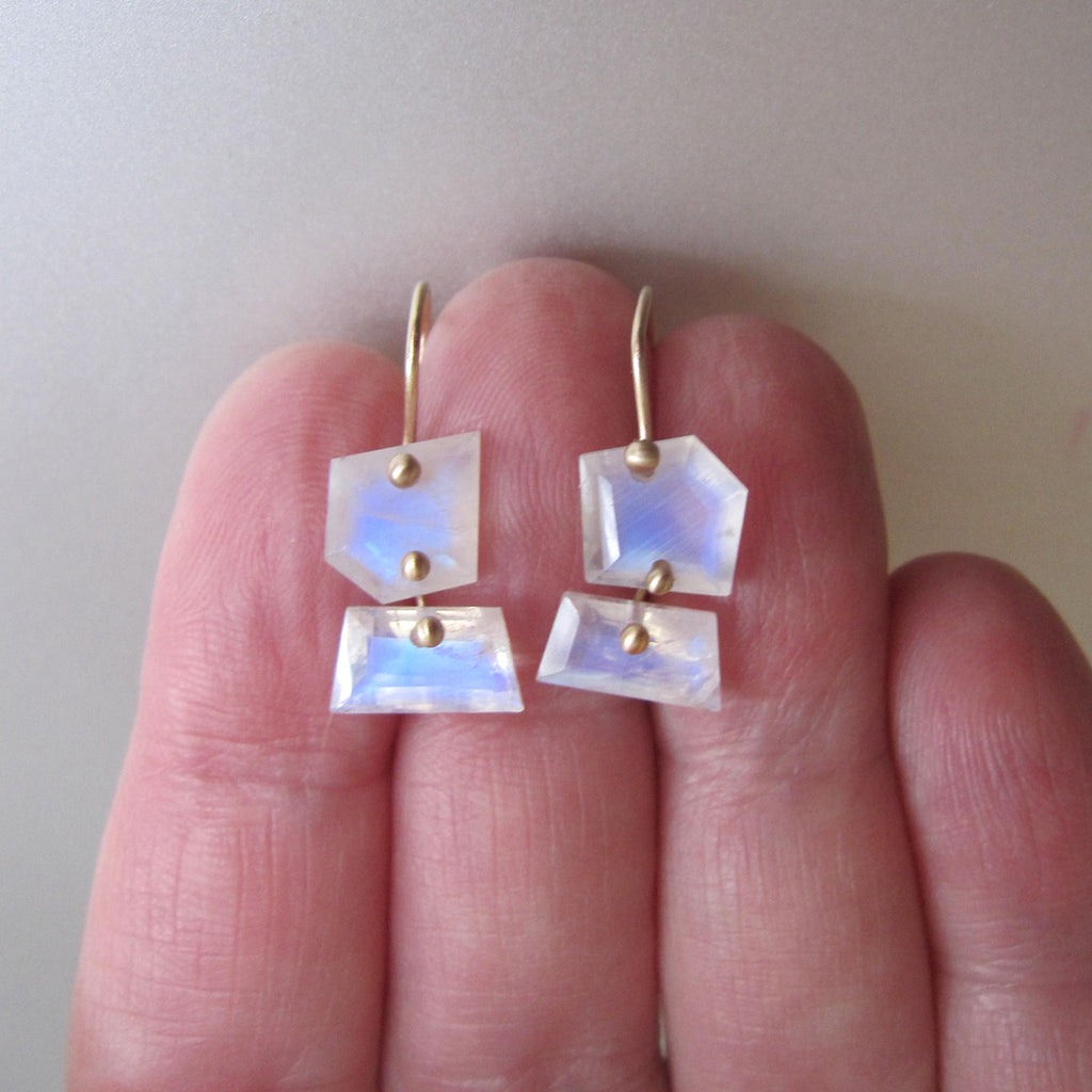rainbow moonstone mismatched slice double drop solid 14k gold earrings