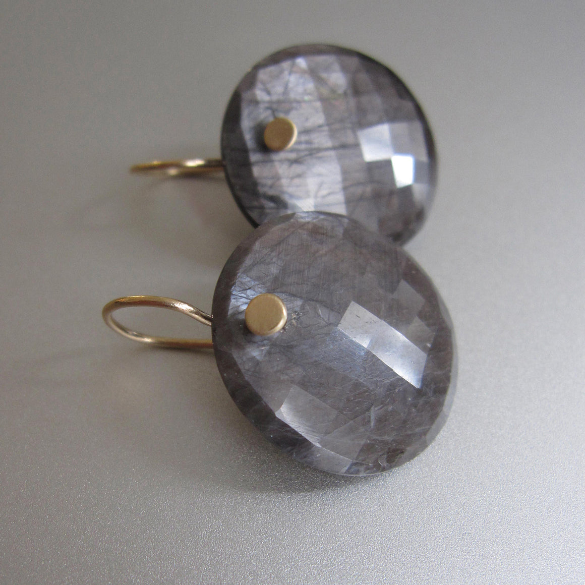 gray sapphire faceted disc drop solid 14k gold earrings