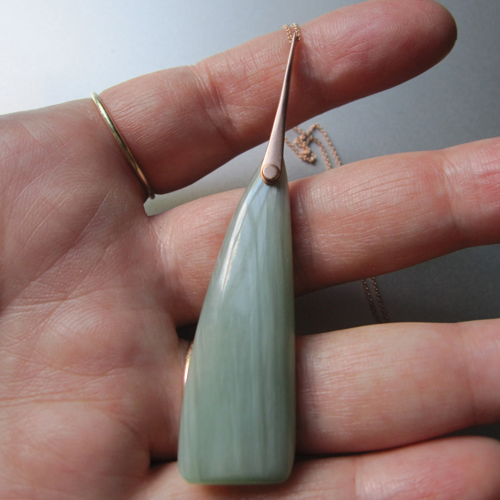 Cats Eye Nephrite Jade Riveted Spike Solid 14k Rose Gold Necklace 3
