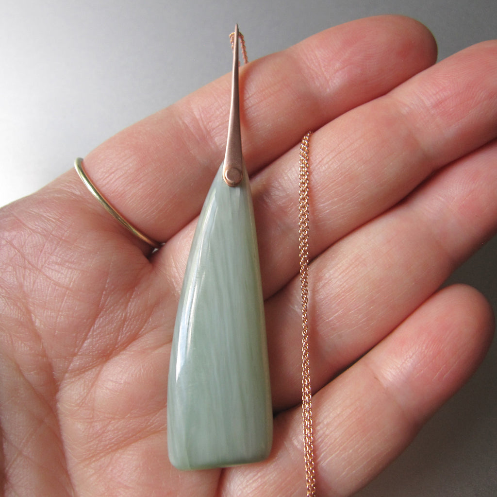 Cats Eye Nephrite Jade Riveted Spike Solid 14k Rose Gold Necklace 