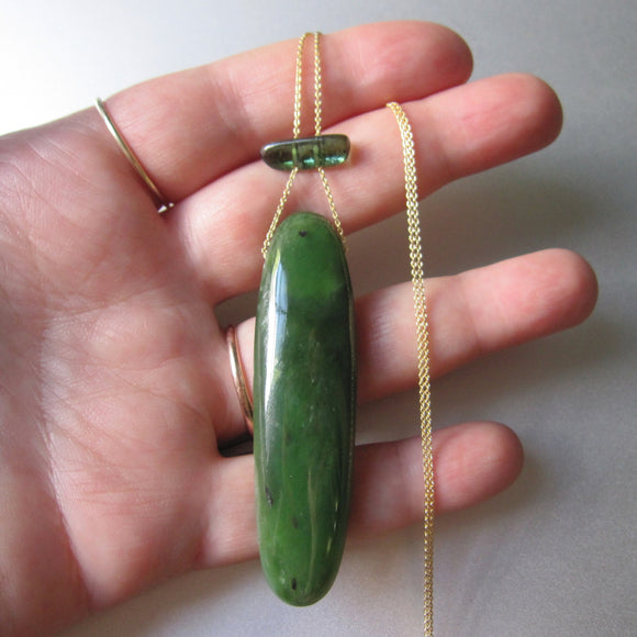 long nephrite jade and green tourmaline slide solid 14k gold necklace