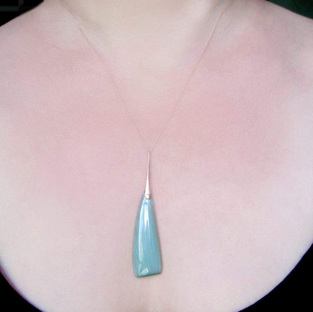 Cats Eye Nephrite Jade Riveted Spike Solid 14k Rose Gold Necklace 6