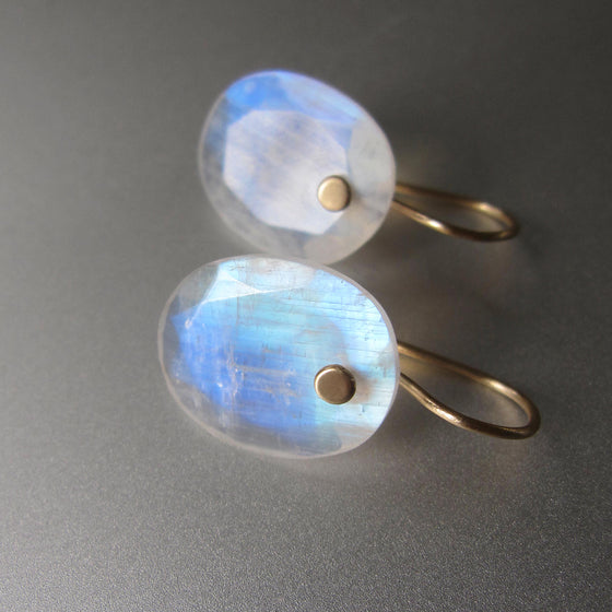 station cut rainbow moonstone oval slices solid 14k gold earrings