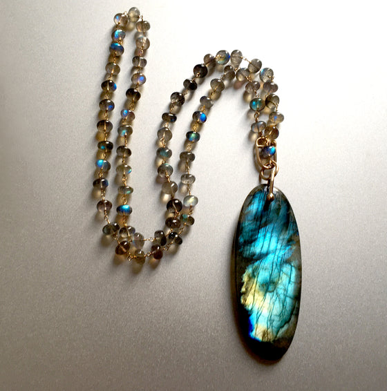 long beaded labradorite chain necklace with large oval pendant solid 14k gold