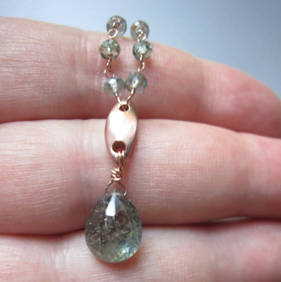 solid 14k rose gold abstract leaf necklace with green sapphires2