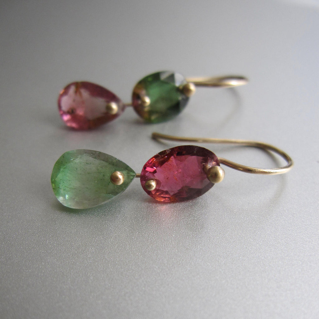 watermelon tourmaline mismatched green and pink double drops solid 14k gold earrings2