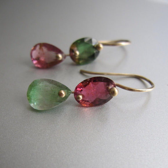 watermelon tourmaline mismatched green and pink double drops solid 14k gold earrings