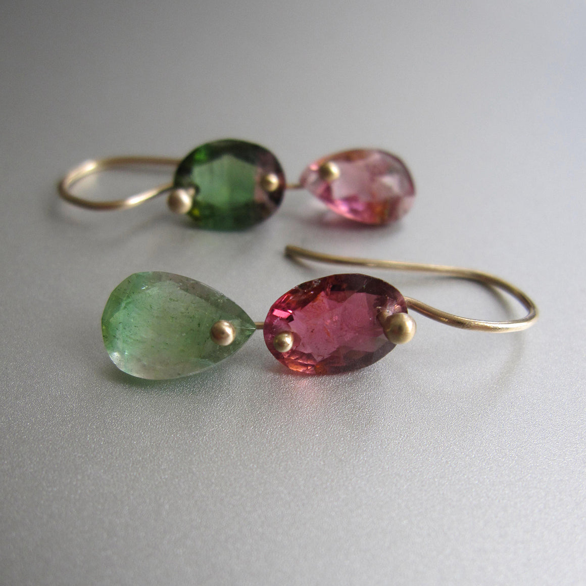 watermelon tourmaline mismatched green and pink double drops solid 14k gold earrings