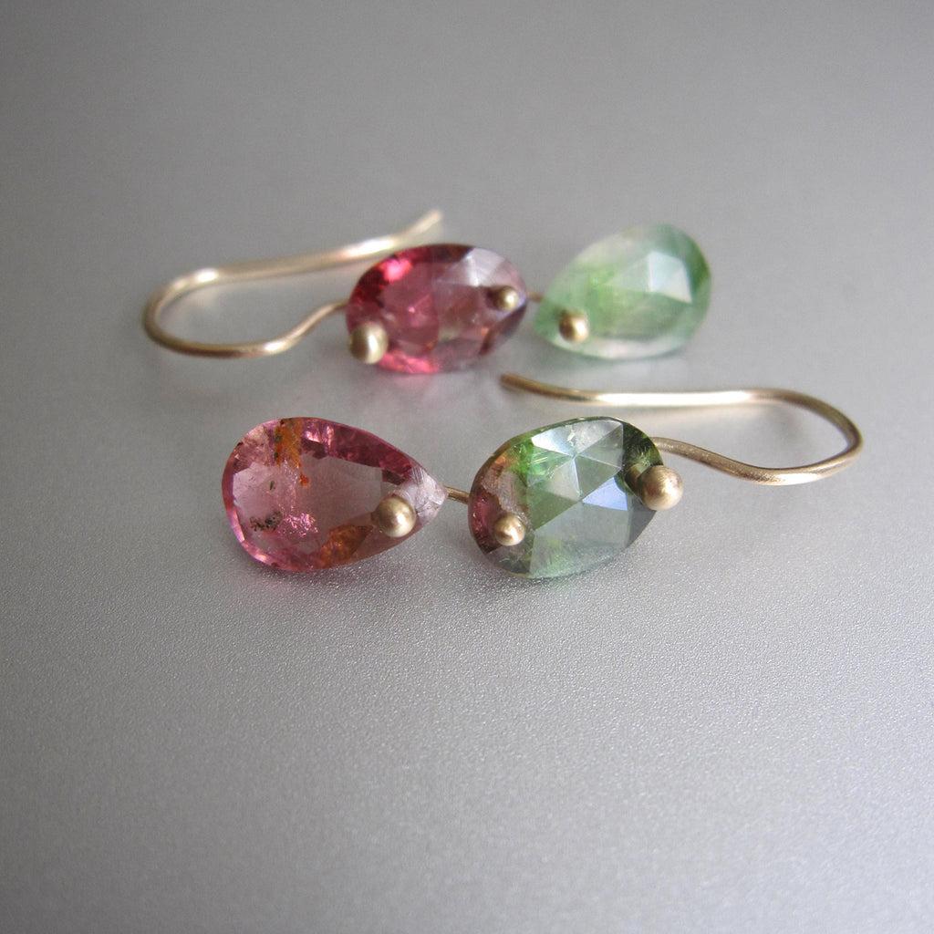 watermelon tourmaline mismatched green and pink double drops solid 14k gold earrings3