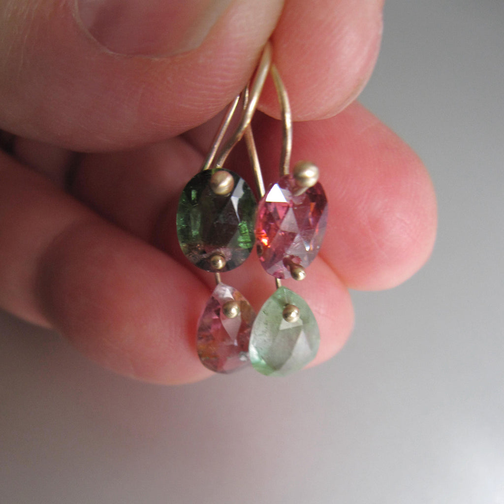 watermelon tourmaline mismatched green and pink double drops solid 14k gold earrings4