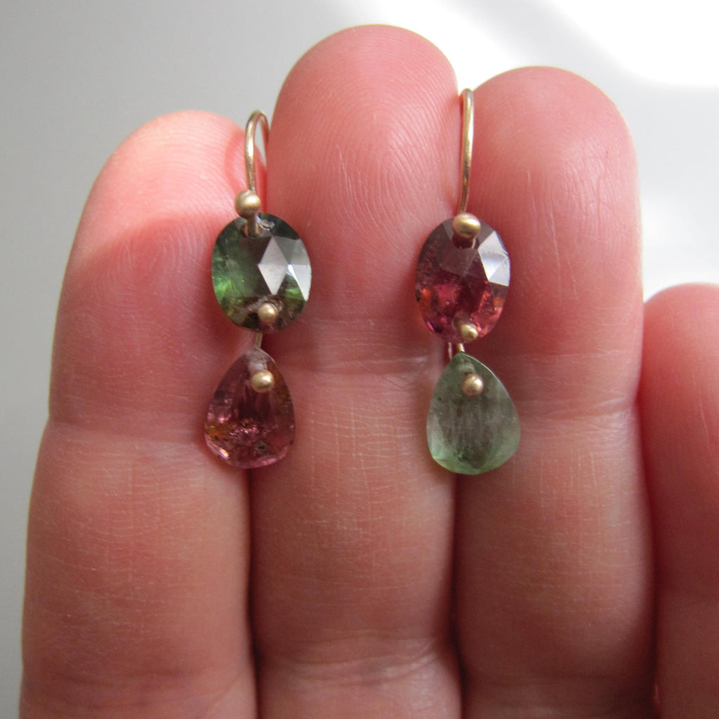watermelon tourmaline mismatched green and pink double drops solid 14k gold earrings5