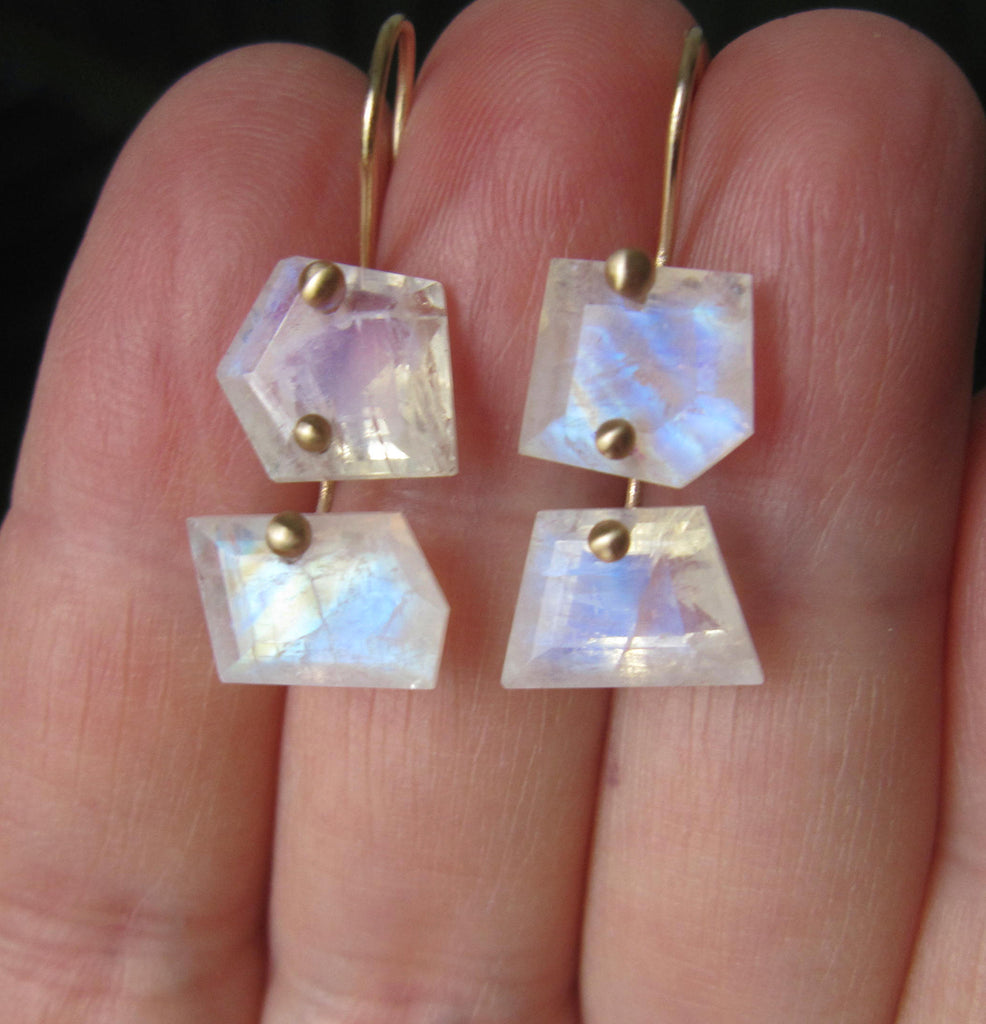 Custom Listing for Eli --- Moonstone Mismatched Angular Double Drops, Solid 14k Gold Earrings